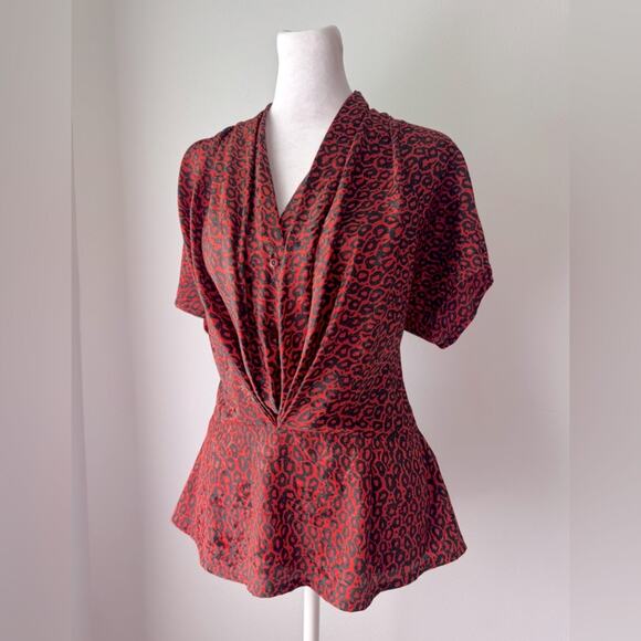 Vintage ‘90s Nicola Red & Black Leopard Print Peplum Waist Short Sleeve Blouse - Picture 3 of 8